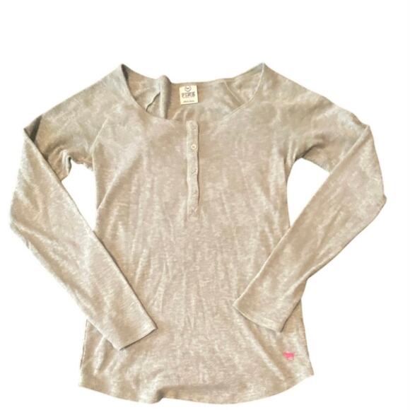 Victoria’s Secret PINK Gray Thermal Henley LOVE PINK Sequin Back Logo Size Large - Picture 2 of 5